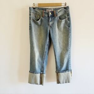 Bisou Bisou Embellished Rhinestone Gems Cuffed Leg Capri Denim Jeans Size 10